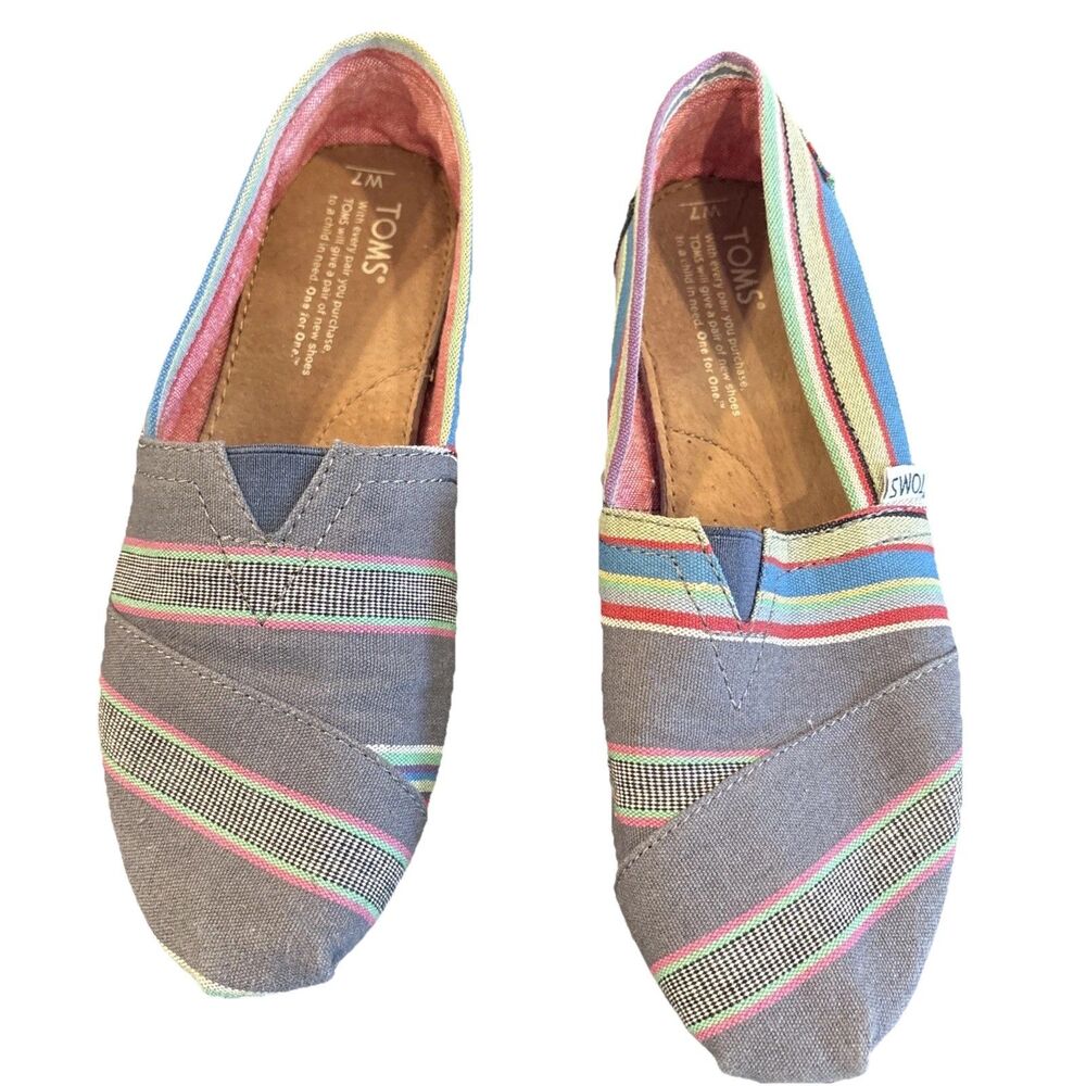 Gray Multicolor Striped Canvas Flats, Slip-On, Closed Toe, Size 7W